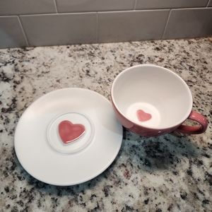 Starbucks cup and saucer set, Pink ceramic cup & saucer with heart motif, 2005